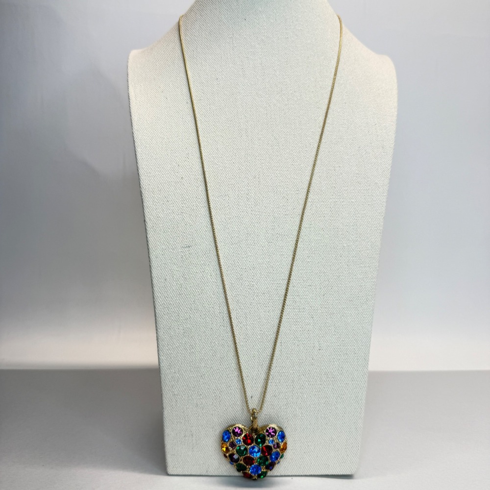Rainbow Rhinestone Puffy Heart Necklace Vintage Gold Tone Long Chunky - Picture 3 of 8